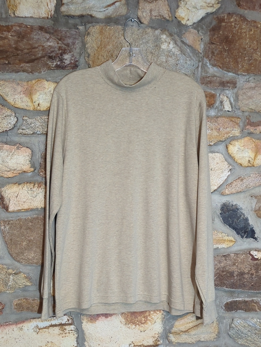 Lands' End Cotton Long-Sleeve Mock Neck Shirt - Light Beige